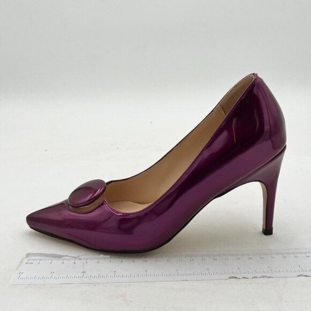 FSJ Women Classic Slip on Pumps Pointed Closed Toe Mid Kitten Heel Slide Leather
